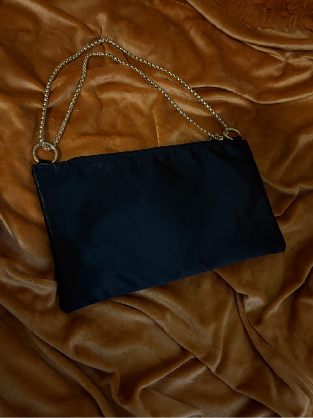 Black Nylon Clutch with Gold Chain Strap